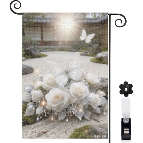 Drapeau de jardin bienvenue 30 x 45 cm motif papillon et fleurs blanches élégantes toile double face (1/5)