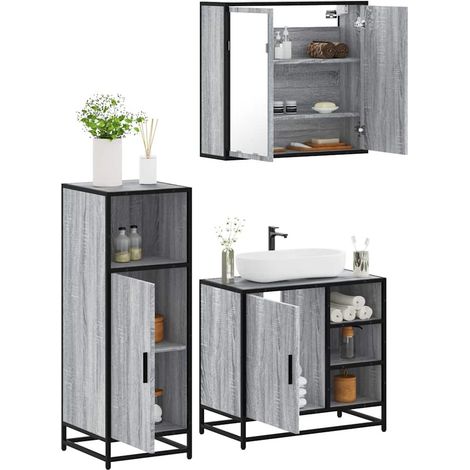 3-tlg. Badmöbel-Set Grau Sonoma Holzwerkstoff