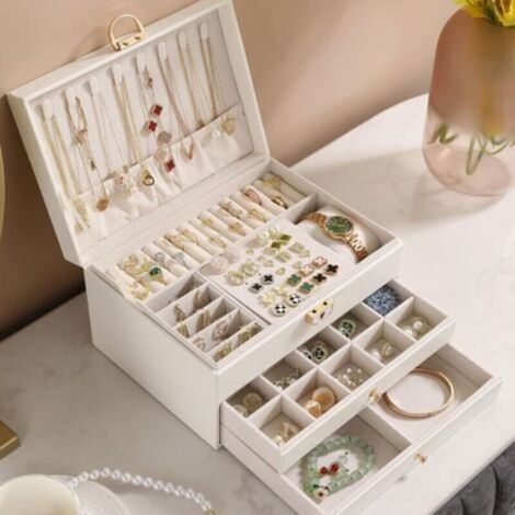 Boîte à Bijoux,Coffre 3 Niveaux Rangement Bijoux Verrouillable avec Clef, en Cuir Imperméable, pour Filles Ranger Bagues Colliers Montres (1/4)