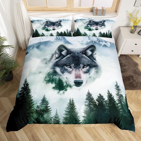 Parure de lit avec housse de couette 135 x 200 cm - Motif forêt de pins, brume, forêt, loups, forêt de montagne, pour enfants, garçons, filles, amoureux des (1/5)