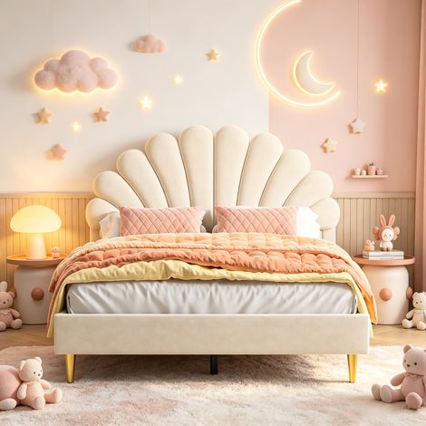 Lit enfant 140x200 cm,Lit capitonné double,Tête de Lit en Forme de Pétale,Lit princesse,Sommier à lattes,Pour Ado et Fille,Tissu Velours,Beige