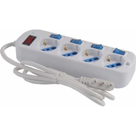 Multiprise 4 places avec Schuko avec interrupteur principal + 4 bypass