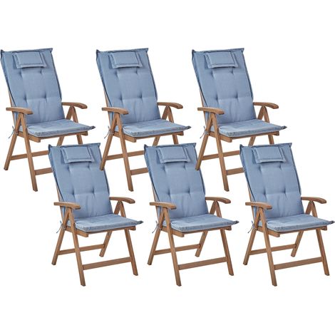Conjunto de 6 sillas de jardín rústicas de madera de acacia natural ajustables plegables con reposabrazos de madera oscura cojines azules Amantea