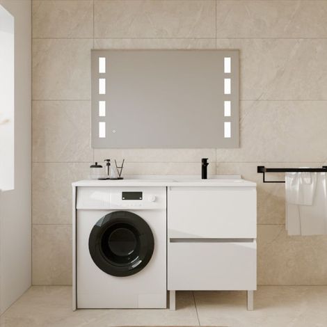 Cuisibane – Meuble lave-mains avec plan vasque déportée – Largeur 60 cm – 2 tiroirs de rangement – Miroir LED antibuée 120 cm