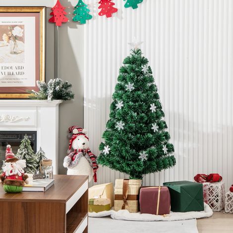 Sapin de Noël Artificiel 120 cm avec Lumières LED et Pied Arbre de Noël en PVC plastique métal avec flocon de neige, Vert (1/3)