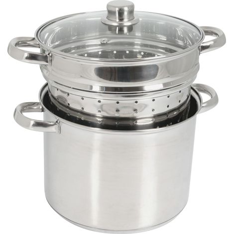 Cuit-pâtes Olympe 8 litres Inox, diam. 24 cm - couvercle en verre et panier à pâtes / légumes - tous feux dont induction, Gris (1/5)