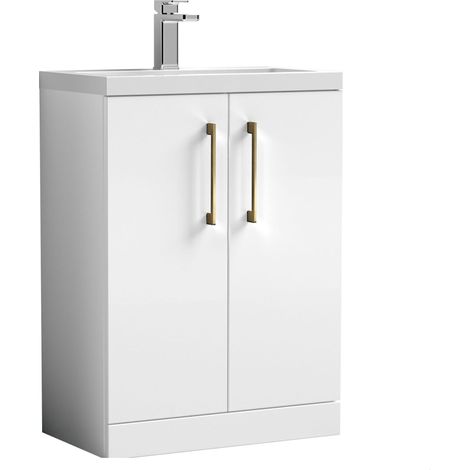 Balterley Bramshall Compact Bathroom Cloakroom Vanity Basin Unit with Ceramic Basin, Brushed Brass Handles, 600mm, Gloss White