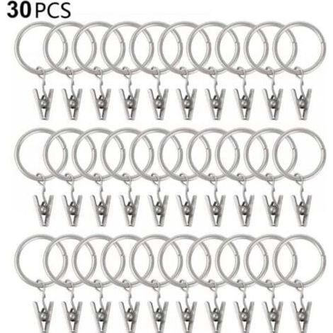 Lot de 30 anneaux de rideaux avec clips, solides, crochets sur supports de tringle, œillets métalliques de diamètre intérieur, pour rideaux décoratifs, cadres de fenêtre, argent,25mm (1/4)