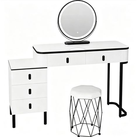 Tocador con espejo LED regulable y taburete, 5 cajones, blanco y negro, 125 x 40 x 126 cm, HOMVRA (1/5)
