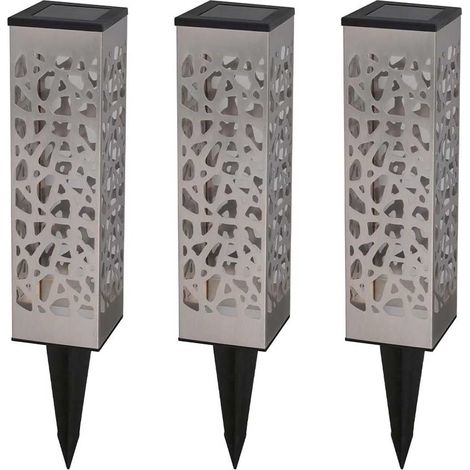 Lot de 3 balises solaires à piquer ou à poser ombre portée LED blanc chaud ORGANIC INOX H31cm (1/5)