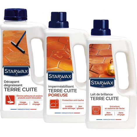 Starwax – Pack de 3 produits pour tomettes et terres cuites – Décapant 1L sans rinçage – Imperméabilisant 1L effet perlant – Lait de brillance 1L haute protection