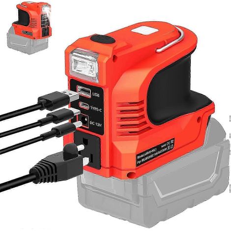 220-W-Wechselrichter für Milwaukee 18-V-Akkus, tragbares Netzteil, wandelt 18 V Gleichstrom in 100–240 V um, akkubetriebener Ausgang mit USB-B, USB-C und 12-V-Gleichstromanschluss. 100-120 V