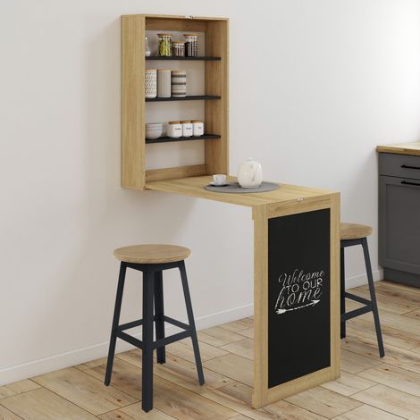 MACCHIA mesa mural plegable con estantes y pizarra para 2 personas, madera y negro