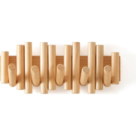 Porte-manteau mural en bois, 38 cm de long et 16,5 cm de haut, avec 5 crochets rabattables. (1/5)