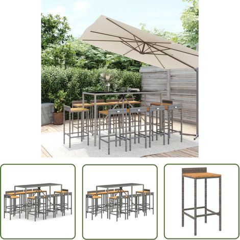 The Living Store Ensemble de bar jardin 11pcs gris poly rotin/bois massif acacia - Ensemble Salon De Jardin - Mobilier De Jardin - Set De Bar Extérieur - Table Et Chaises De Jardin - Chaise De Bar (1/5)