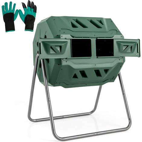 COSTWAY Compostiera da Giardino 160 L, Bidone per Compostaggio a Doppia Vasca con 2 Porte Scorrevoli e Telaio Metallico Robusto, Compostiera Rotante da Esterno a 360°Senza BPA (Verde) (1/5)