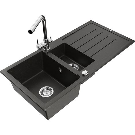 Mexen Andres fregadero de granito de 1,5 senos con escurridor y grifo de cocina Duero, negro/dorado - 6515-75-671600-00 (1/5)