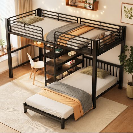 Letto a soppalco 90 x 200 cm con scrivania, vani portaoggetti e prese USB/Type-C nero HAVRYA (1/5)