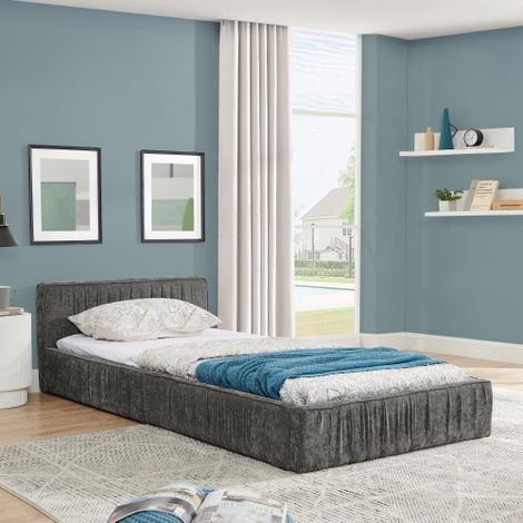Cama Individual - Cama 90x200 cm - Madera de Eucalipto Ecológica y Marco de Hierro - En Terciopelo Gris - Sin Colchón (1/5)