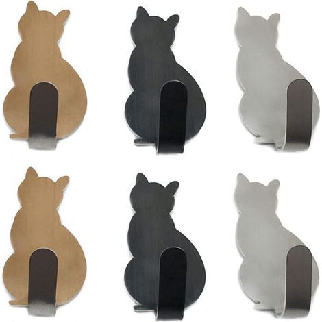 Lot de 6 crochets porte-serviettes en acier inoxydable pour petits chats, crochets muraux décoratifs pour la maison, la cuisine, la salle de bain, le rangement du bureau, sans clous (1/5)