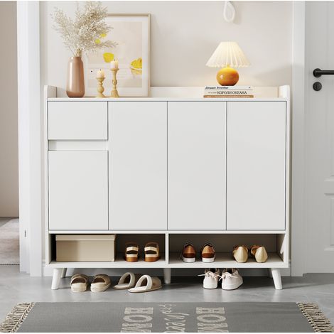Credenza in truciolare bianco 120 x 35 x 99 cm, 4 ante, 1 cassetto, 1 ripiano regolabile (1/5)