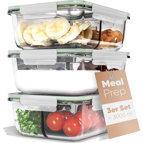 Boîtes repas en verre à 3 compartiments, adaptées au lave-vaisselle, au micro-ondes et au four, pour une alimentation saine. 3x 1000 ml. C-FHDM 4021 G. (1/5)