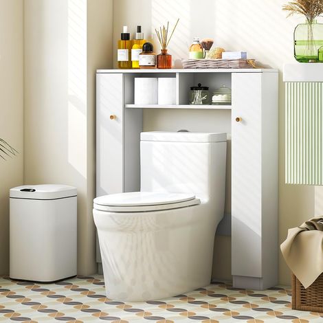 Costway – Meuble WC au-dessus des toilettes – 2 compartiments ouverts – 2 placards – 4 étagères réglables – Dispositif anti-basculement – 87,5 x 18 x 98 cm (blanc)