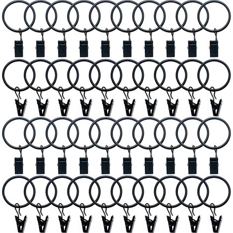 BRAVIX 40 Pièces Anneaux Rideaux Metal avec Pinces Pince pour Rideaux Diamètre Intérieur de 32mm Noir (1/5)