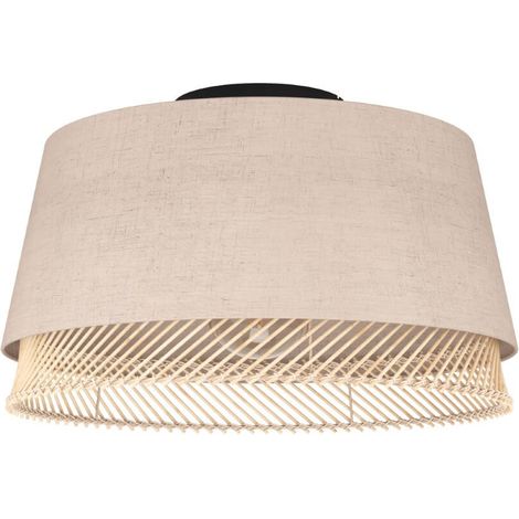 Table de plafonnier en acier noir Textile, Nature du bois, Brown E27 1x40W H: 23,5 cm Ø38 cm Dimmable (1/3)