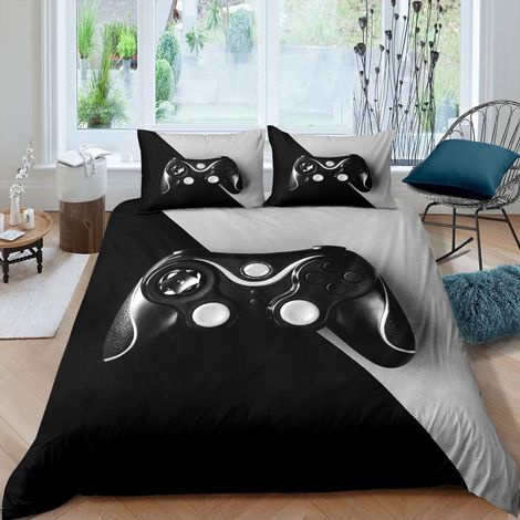 Garçons Jeu Housse De Couette 3D Gamepad Print Parure De Lit 140x200cm Enfants Console Video Jeu Sets Housse Couette Splicing Manette Chambre À Coucher 2 Pièces Noir Gris - 140x200 cm (1/5)