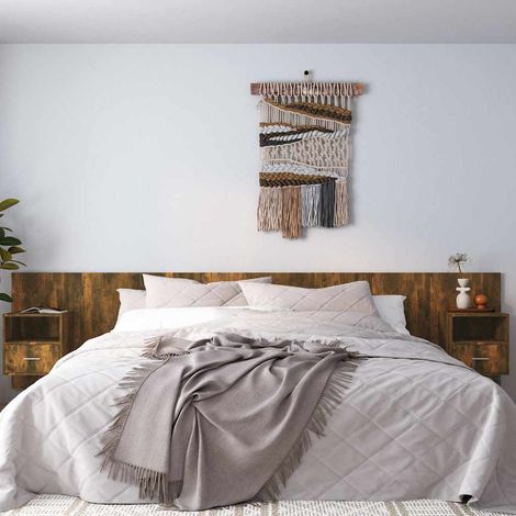 Tête de lit avec 2 tables de chevet murales en bois d’ingénierie chêne fumé - PANGIVO (1/5)