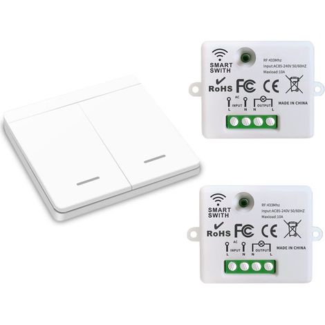 Interruttore di illuminazione wireless, interruttore di sicurezza con trasmettitore RF e controller ricevitore da 10 A, facile installazione per lampade fino a 1500 W (2 ricevitori e 1 interruttore)