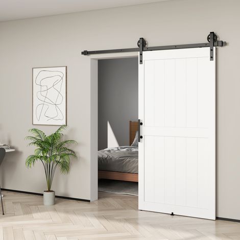 Porte coulissante de style campagne avec rail et poignée en bois et acier, 106,6x213,4 cm, blanc et noir (1/5)
