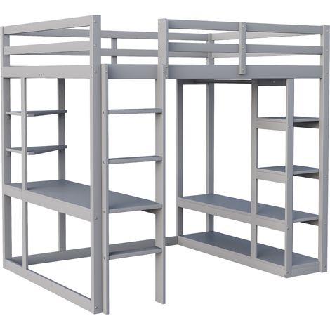 Lit mezzanine en bois gris 140 x 200 cm avec bureau et étagères (1/5)
