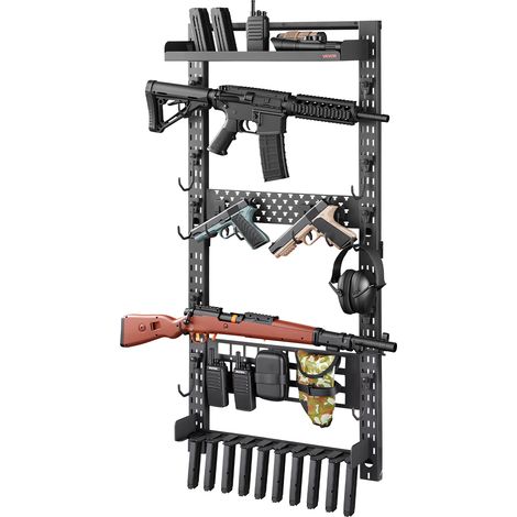 VEVOR Soporte de Montaje en Pared para Armas de Fuego, Capacidad de 5 Escopetas, con Estante Superior Portacargador Panel MOLLE Ganchos Adicionales, Acero al Carbono, para Herramientas Garaje Taller