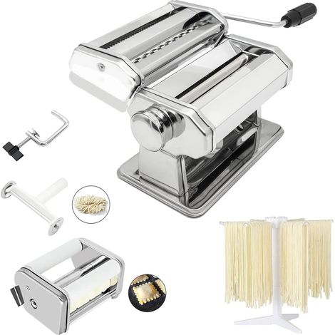 1 Machine à pâtes, 9 réglages épaisseur, Acier inoxydable, Coupe-pâtes double lame, Séchoir inclus, Cuisine maison (1/5)
