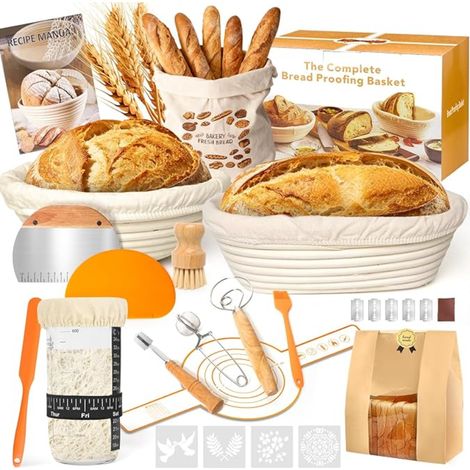 Banneton Pour Pain, Kit Corbeille a Pain en Rotin Naturel (23 cm Rond 25 cm Ovale), avec Corne, Toile en Lin et Accessoires pour la Fabrication du Pain (Orange) (1/5)
