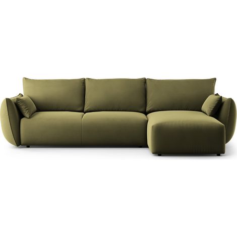 Canapé d'angle droit convertible + box 4 places en velours vert (1/5)
