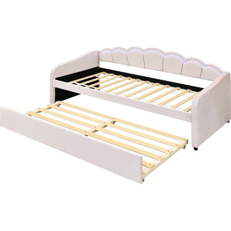 Letto banquette 90 x 200 cm in velluto rosa con letto estraibile, LED ambiente, senza materasso (1/5)