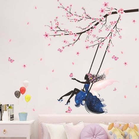 Fille sur Une Balançoire Stickers Muraux avec Autocollant Mural Papillons Roses Décoration Amovible DIY Vinyle Mural Art Stickers (1/4)