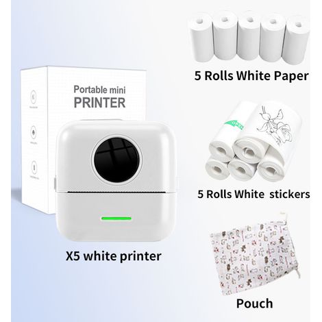 Mini Printer - Portable Mini Pocket Label, Image, Error Correction Thermal Bluetooth Printer - X5 White + 5 Thermal Papers + 5 Adhesive Labels + Storage Bag (1/4)