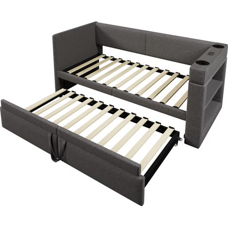 Letto da giorno imbottito 90 x 200 cm con letto estraibile, grigio, lino misto, senza materasso (1/5)
