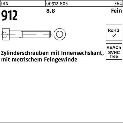 DIN 912/ISO 12474 Zylinderkopf-Schaftschraube Feingewinde M8x12 Stahl 8.8 blank Innensechskant 100 Stk