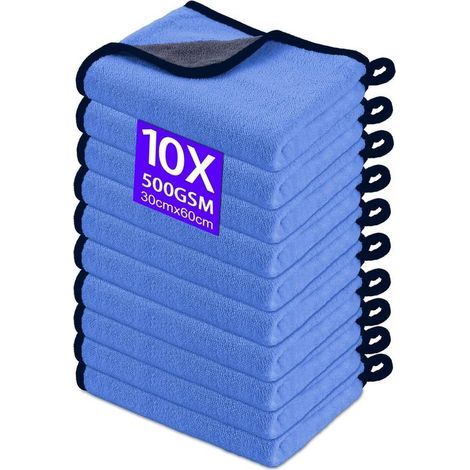 10 panni in microfibra per auto, 30x60 cm, panni lucidanti in microfibra, 500 g/m², panni per la pulizia super assorbenti in microfibra, per auto e moto, pulizia domestica, blu (1/5)