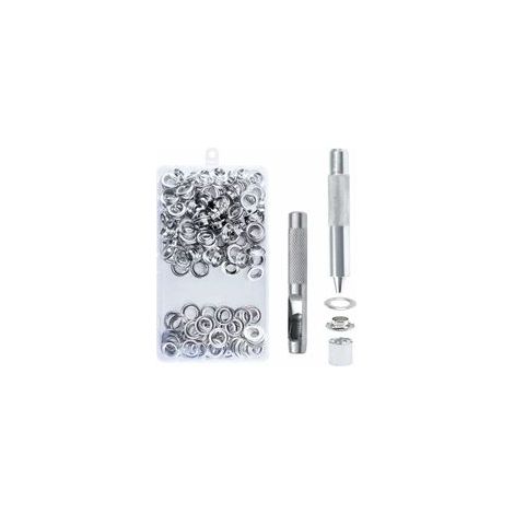 Lot de 100 œillets métalliques 14 mm, kit avec outils, pour toile, tente, réparation –