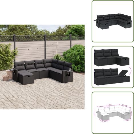 Salon de jardin 7 pcs avec coussins noir résine tressée - Ensemble Salon De Jardin - Mobilier De Jardin - Salon Extérieur - Fauteuil De Jardin - Table Basse