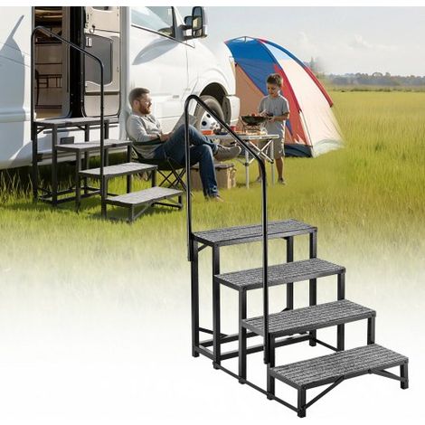 Escalera para Autocaravana de 4 Peldaños, Escalera con Pasamanos Carga de 299,38 kg, con Alfombrilla Antideslizante, para Personas Mayores y Mascotas, Portátil para Jacuzzi, Caravana, Porche (1/5)