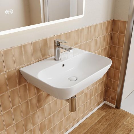 HOROW Waschbecken 56 × 40 cm, Keramik-Waschbecken mit Überlauf, Hänge- und Aufsatzwaschbecken, Weiß (1/5)