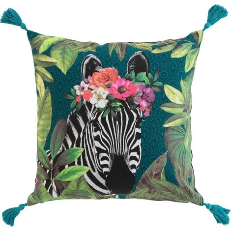 Coussin déhoussable en coton avec pompons et motif zèbre Gloria - Bleu et Vert - 45 x 45 cm - Livraison gratuite (1/3)