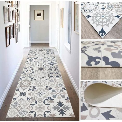 Tapis Vinyle hydraulique en Carreaux réalistes, pour Salon, Couloir, Cuisine et Moquette sur Mesure, Couleur Beige avec Tons Bleu, doré et Orange. (1/5)